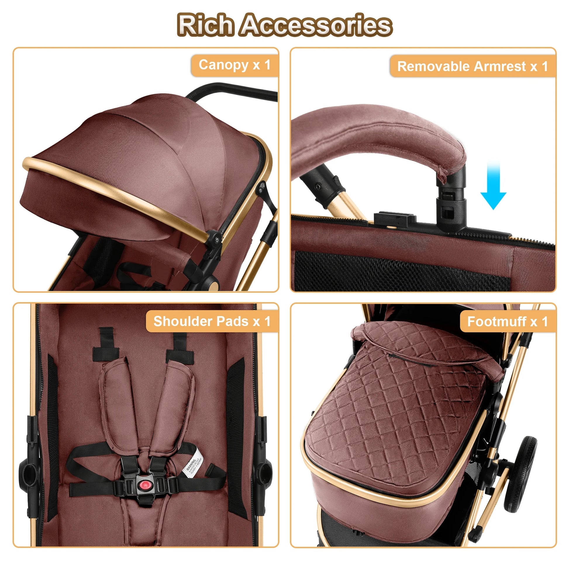 Baby Stroller, Foldable Aluminum Alloy Stroller with Reversible, Travel Stroller for Newborn Infant, Brown