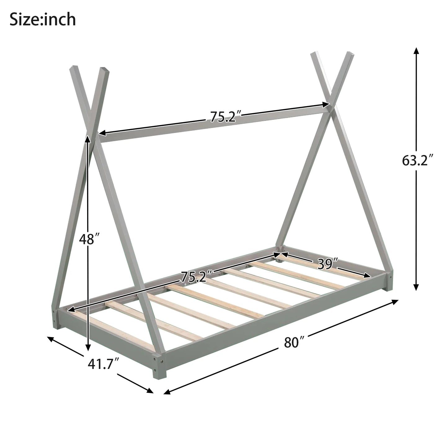 Wood Twin Size Platform Bed for Kids Teens, Canopy Tent Bed for Living Room, Gray