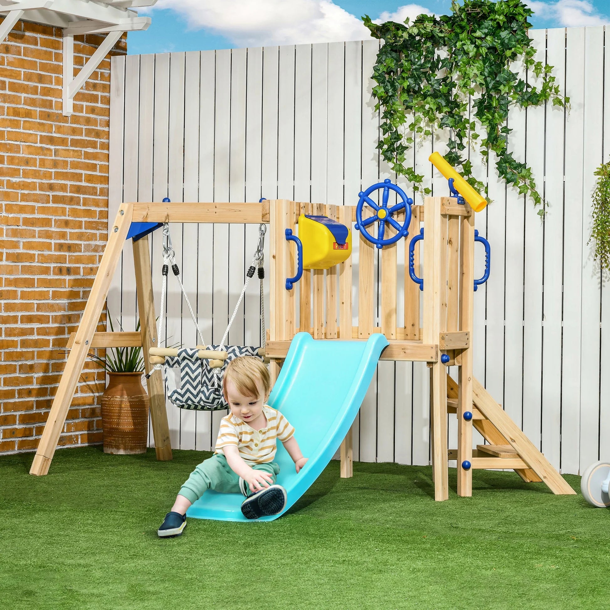 Wooden Toddler Playground with Baby Swing Set, Ages 1.5-4,Natural