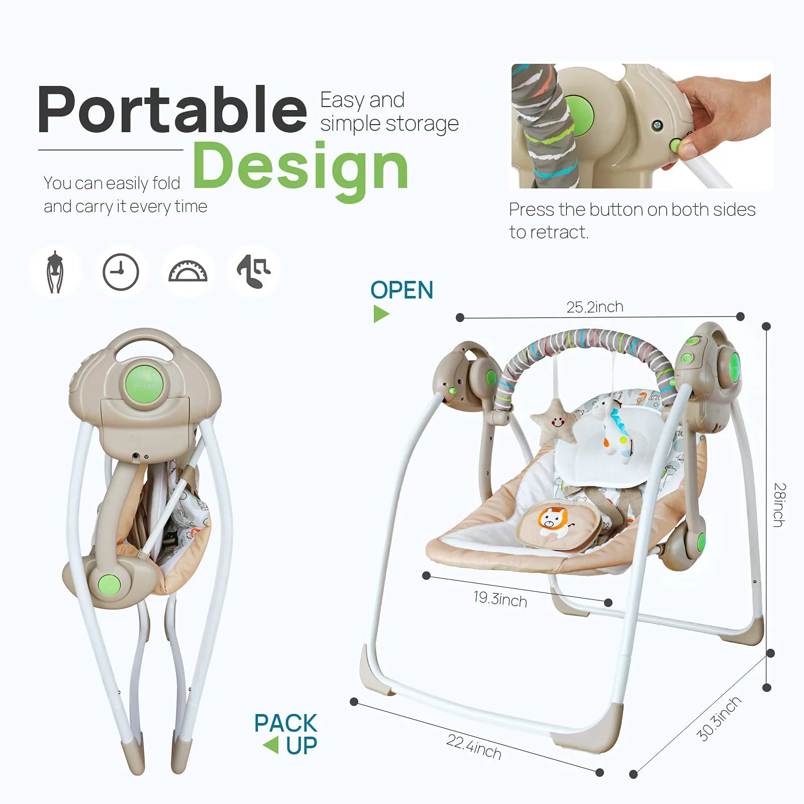 Electric Baby Swing for Infants 0-6 Months,Portable Foldable Infant Swing with 6 Speeds & Soothing Music,Baby Swing for Newborns,Khaki