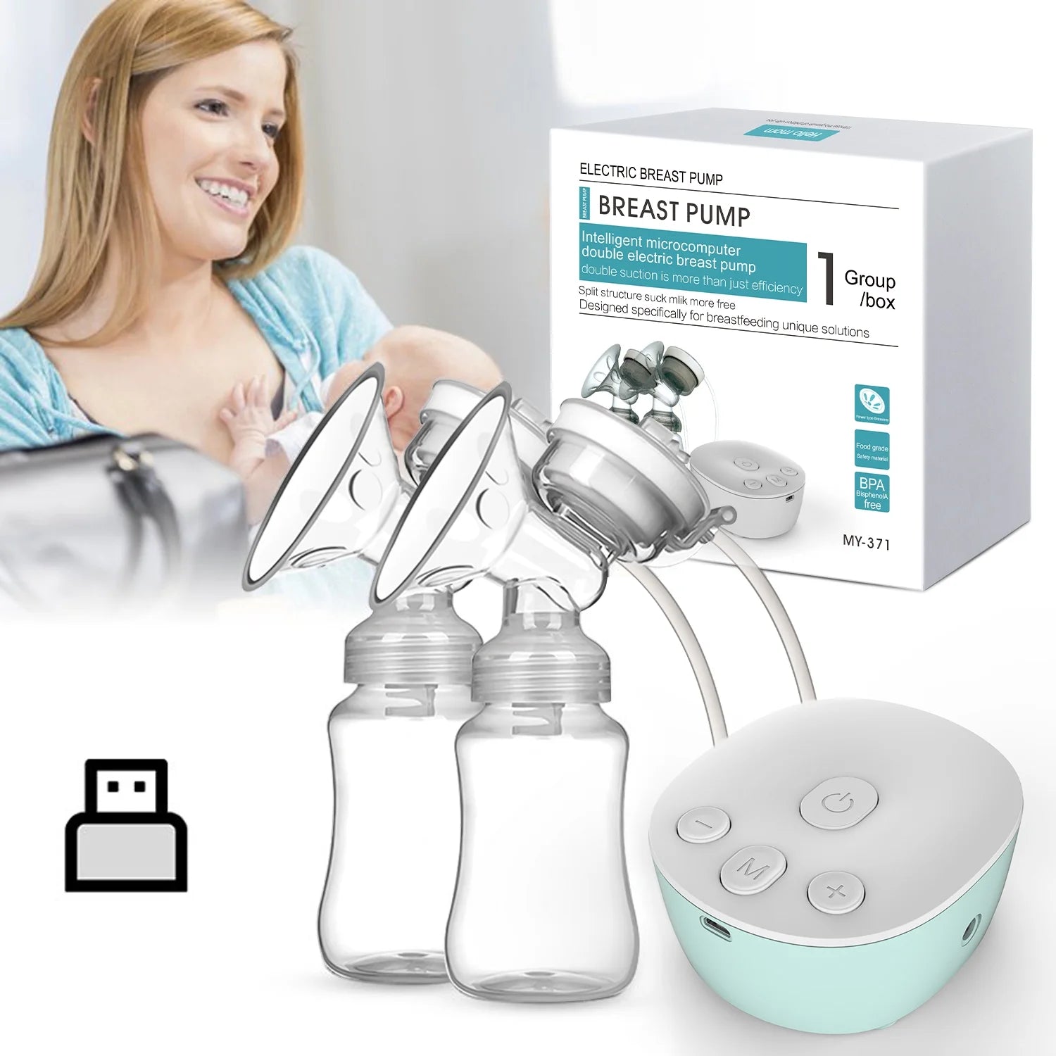 Double Electric Breast Pumps, Portable Dual Breastfeeding Milk Pumps Pain-Free Strong Suction Power for Millk Collect and Breast Massage, 3 Modes 9 Levels