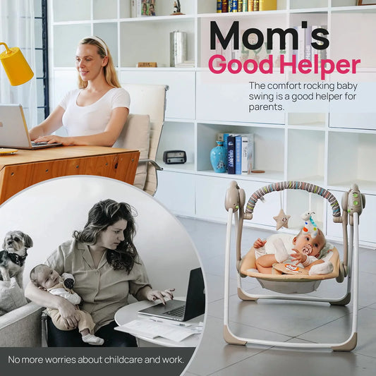 Electric Baby Swing for Infants 0-6 Months,Portable Foldable Infant Swing with 6 Speeds & Soothing Music,Baby Swing for Newborns,Khaki