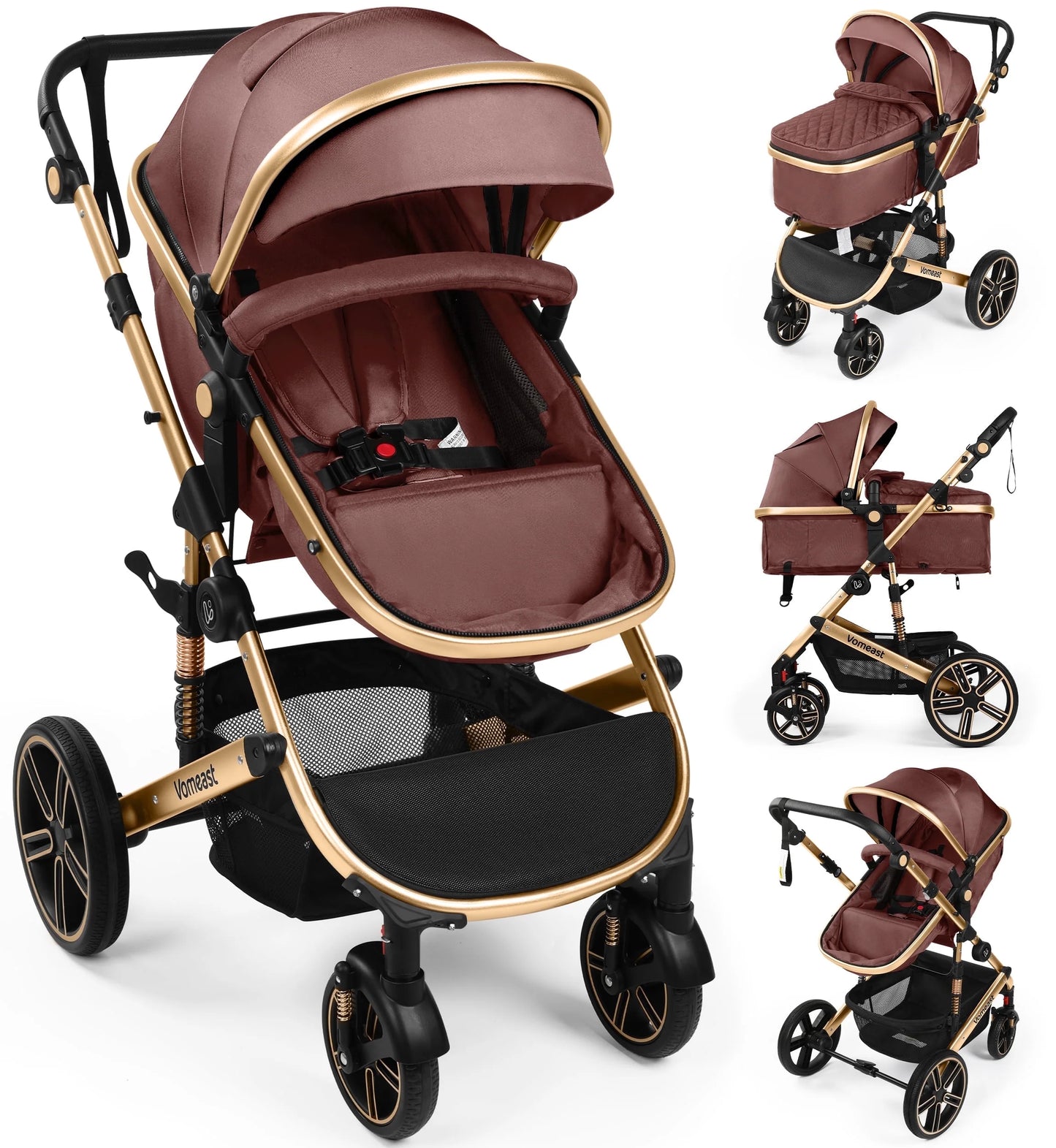 Baby Stroller, Foldable Aluminum Alloy Stroller with Reversible, Travel Stroller for Newborn Infant, Brown