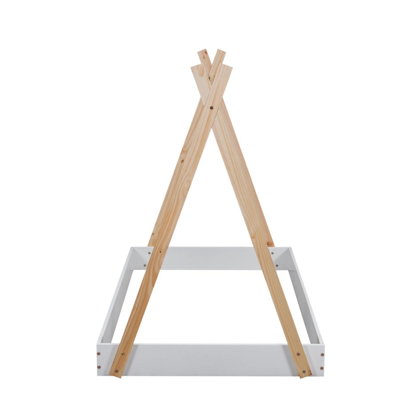 Twin Size Tent Floor Bed Frame with Triangle Structure, Teepee Platform Bed for Kids, Montessori Floor Bed for Toddlers Girls Boys, No Box Spring Needed(Twin,White+Natural)