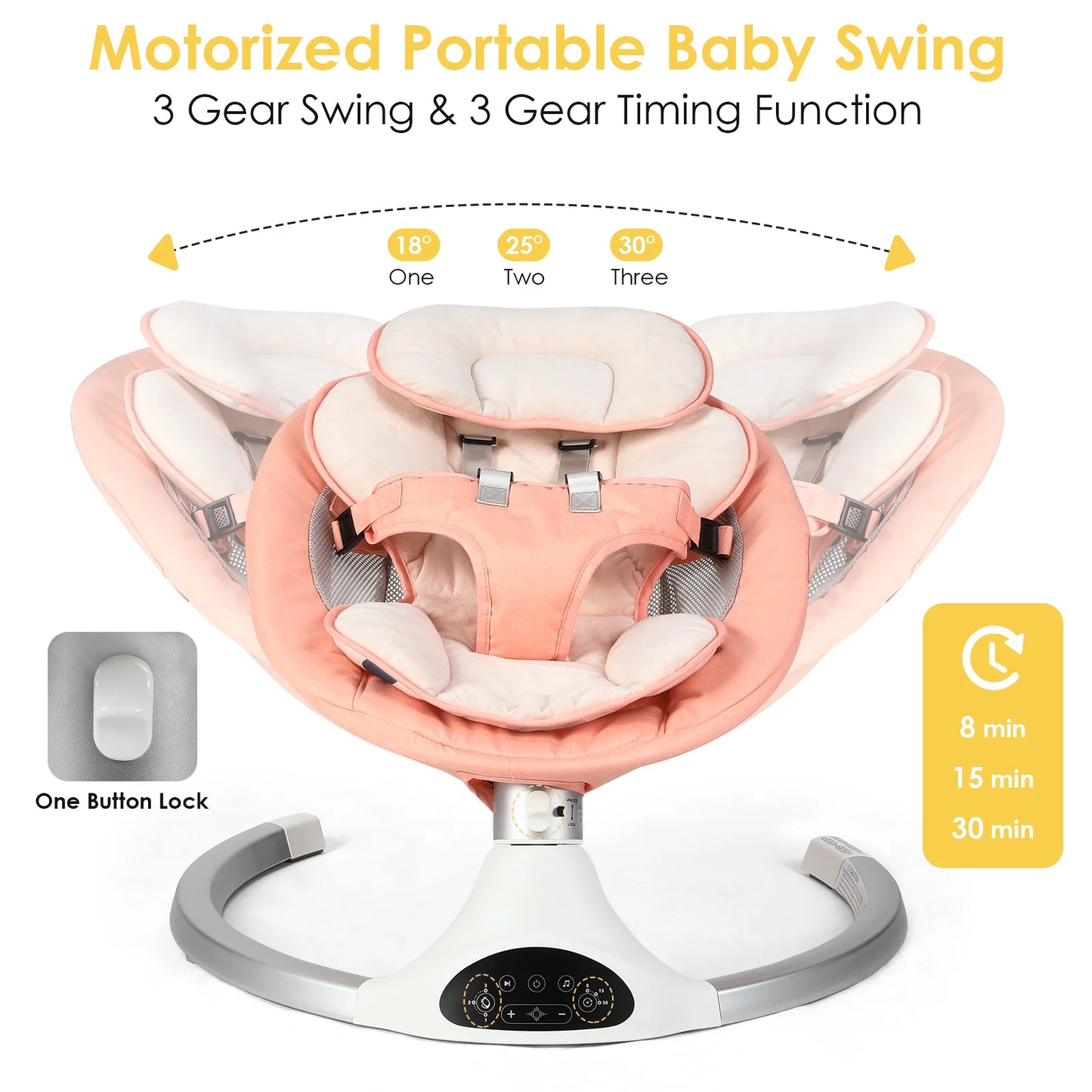 Baby Swing for Infants - Electric Infant Swing with 3 Swing Speeds and 10 Lullabies, Portable Indoor Baby Rocker, Touch Screen Control and Remote Control, Bluetooth, Pink
