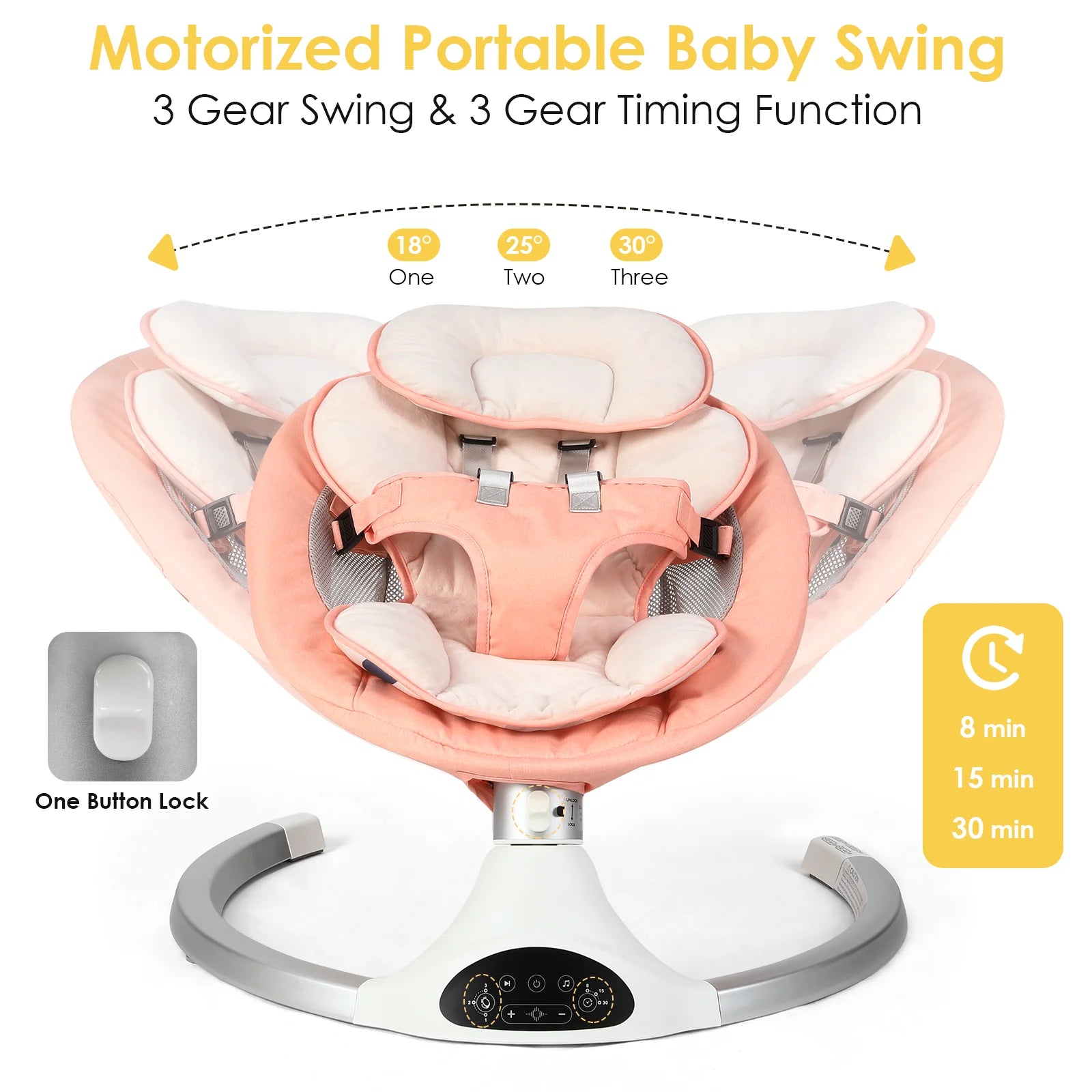 Baby Swing for Infants - Electric Infant Swing with 3 Swing Speeds and 10 Lullabies, Portable Indoor Baby Rocker, Touch Screen Control and Remote Control, Bluetooth, Pink