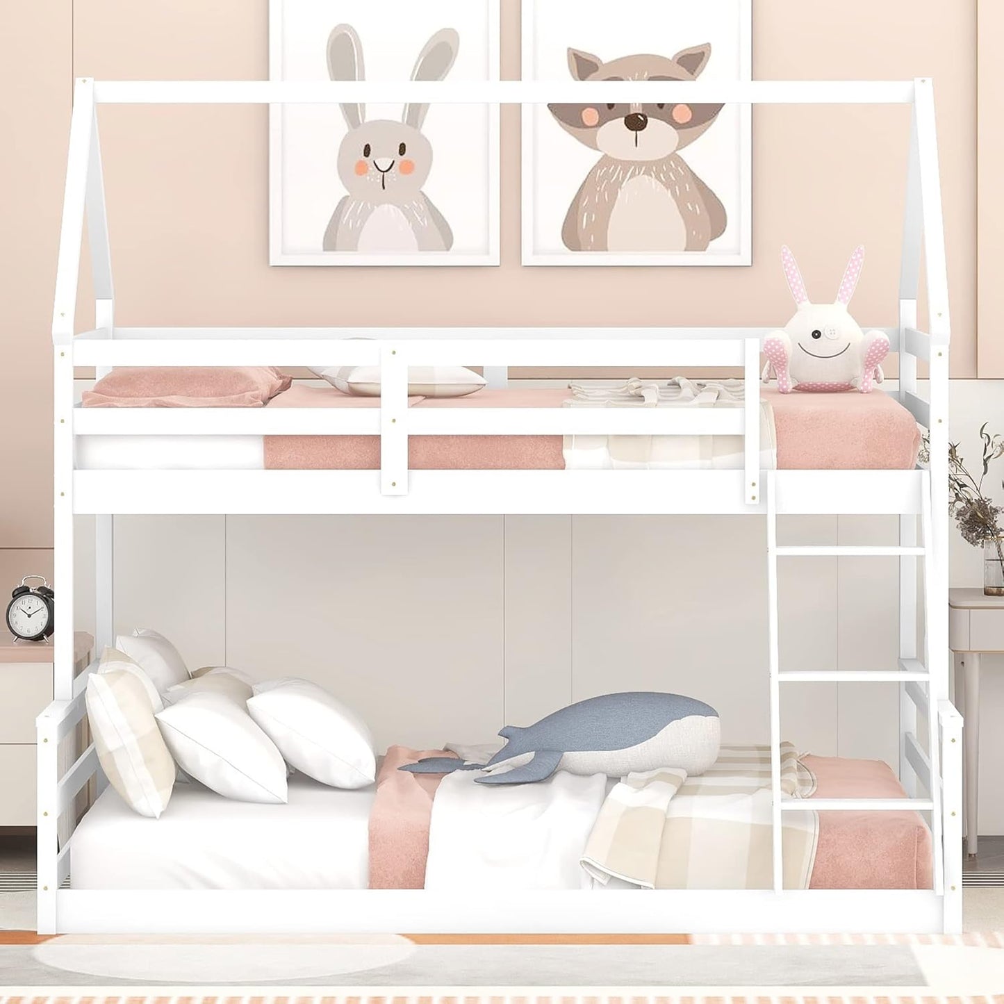 Low Twin over Full House Bunk Beds, Wood Bunk Beds with Roof and Guard Rail, House Bed Built-In Ladder for Kids, Teens, Boys, Girls (White)