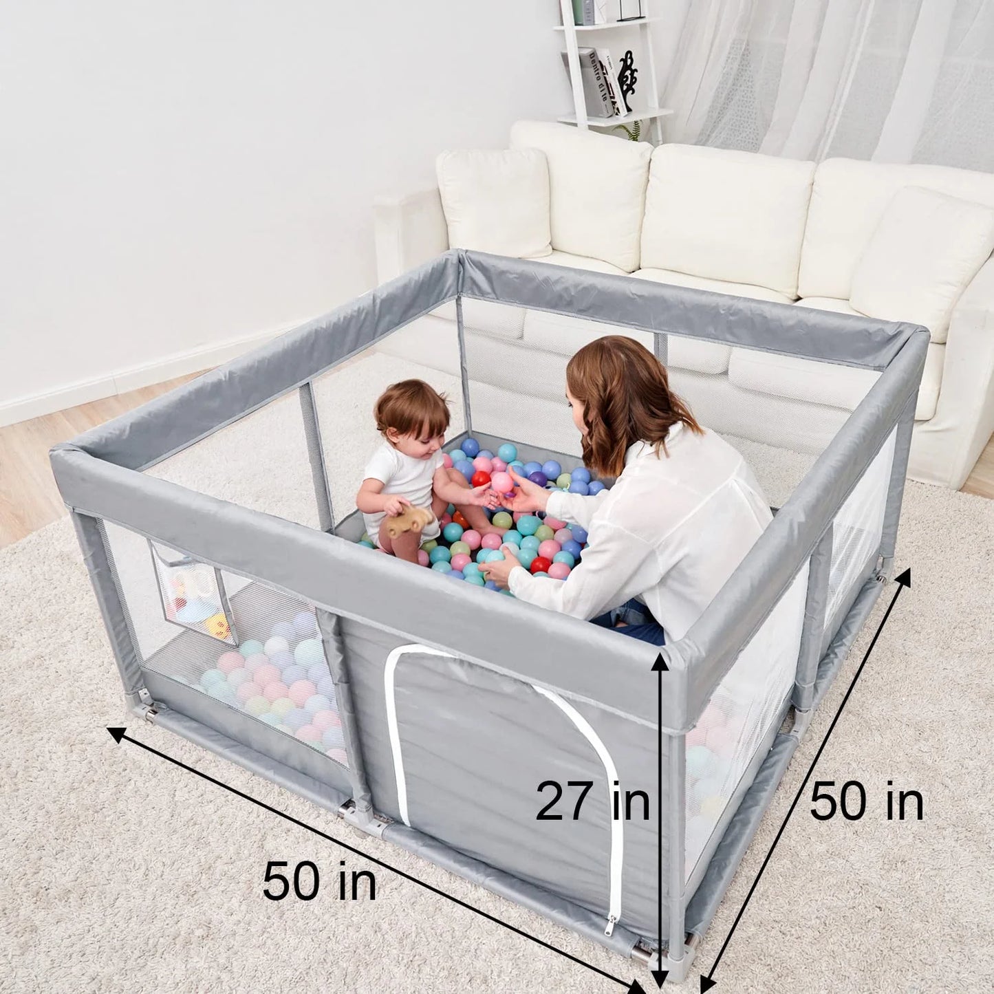 Large Playpen for Toddlers, Sturdy Baby Play Yards with Soft Breathable Mesh, Indoor & Outdoor Kids Activity for Infant Safety (50"Γ50")-Grey