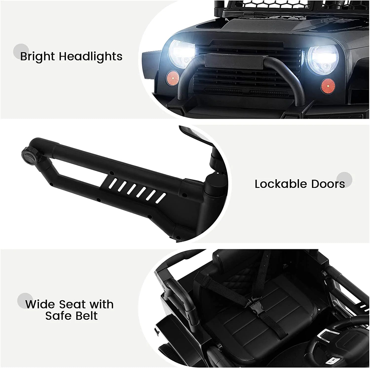 Kids Ride on Truck, 12V Electric Vehicle Jeep Car with Remote Control, Toddlers Battery Powered Toy with 2 Speeds, Spring Suspension, Double Open Doors, LED Lights, Music, USB, Mp3 (Black)
