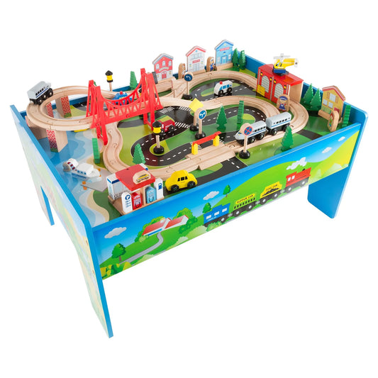 Wooden Train Set & Table for Kids - Complete Set with 75 Pieces