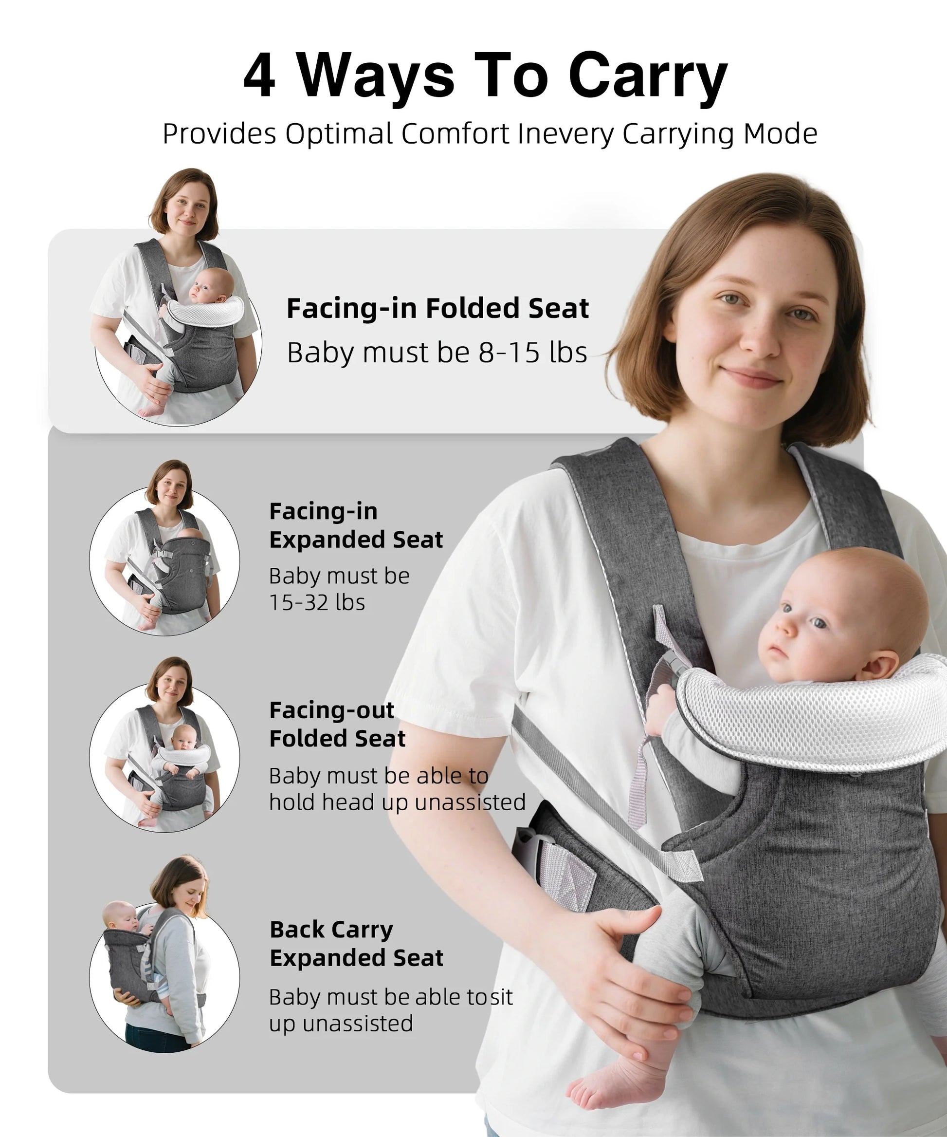 Baby Carrier, Convertible Soft & Cool Baby Carrier, 4-Position, Gray, for Child, Infant, Newborn
