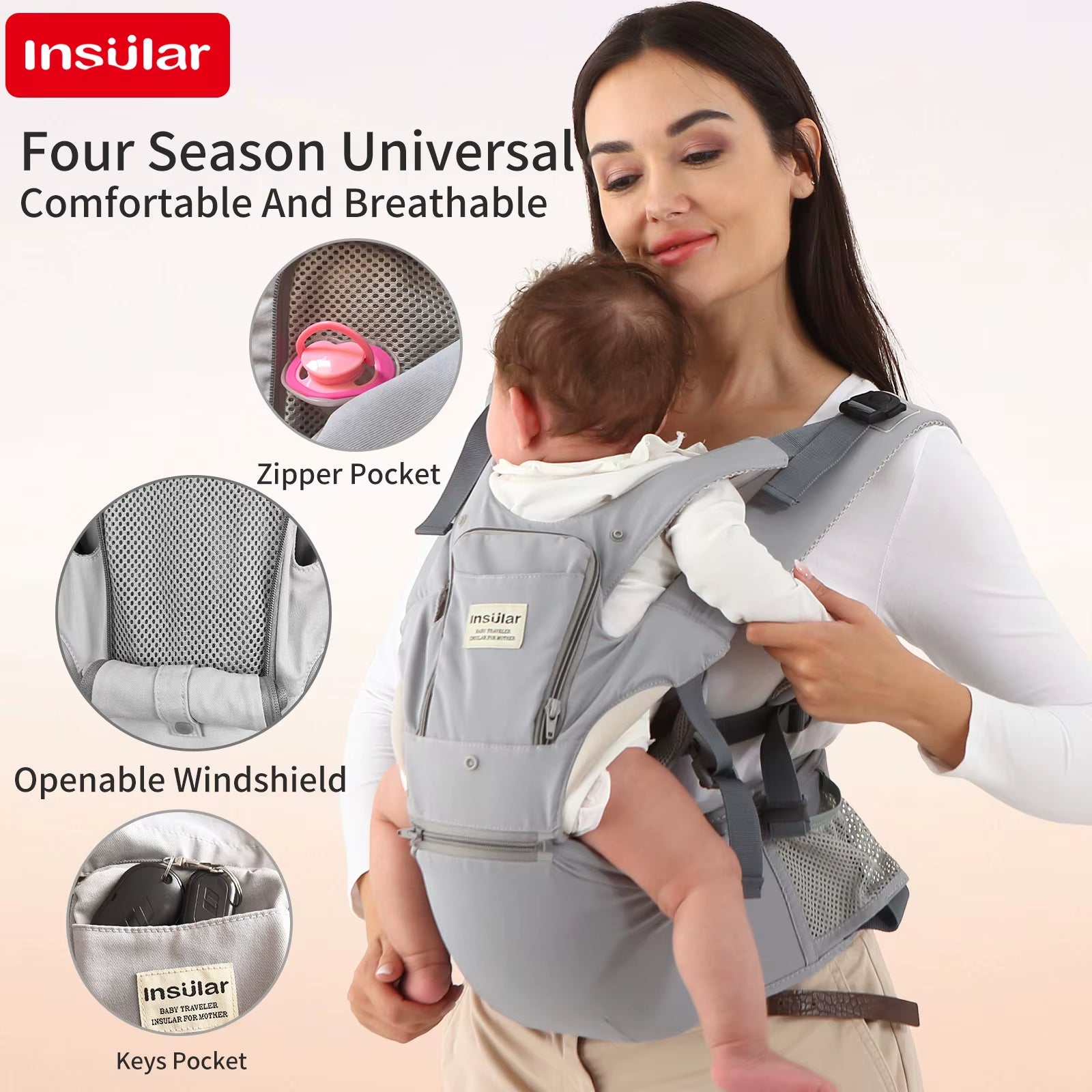 3 in 1 Baby Carrier Multi-Functional Childs Waist Stool Breathable Waist Stool with Hip Seat Front Hold Portable 4 Season