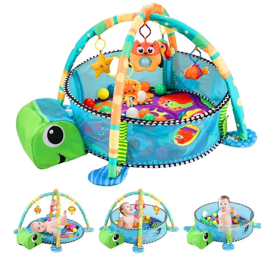 Baby Play Mat,  3 in 1 Baby Play Gym Activity Mat, with Hanging Toys and Ocean Balls, for Infants Toddlers, Blue Turtle