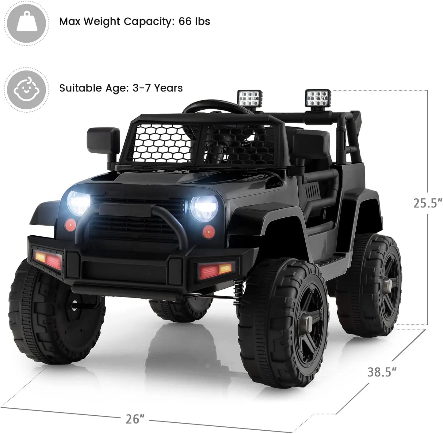 Kids Ride on Truck, 12V Electric Vehicle Jeep Car with Remote Control, Toddlers Battery Powered Toy with 2 Speeds, Spring Suspension, Double Open Doors, LED Lights, Music, USB, Mp3 (Black)