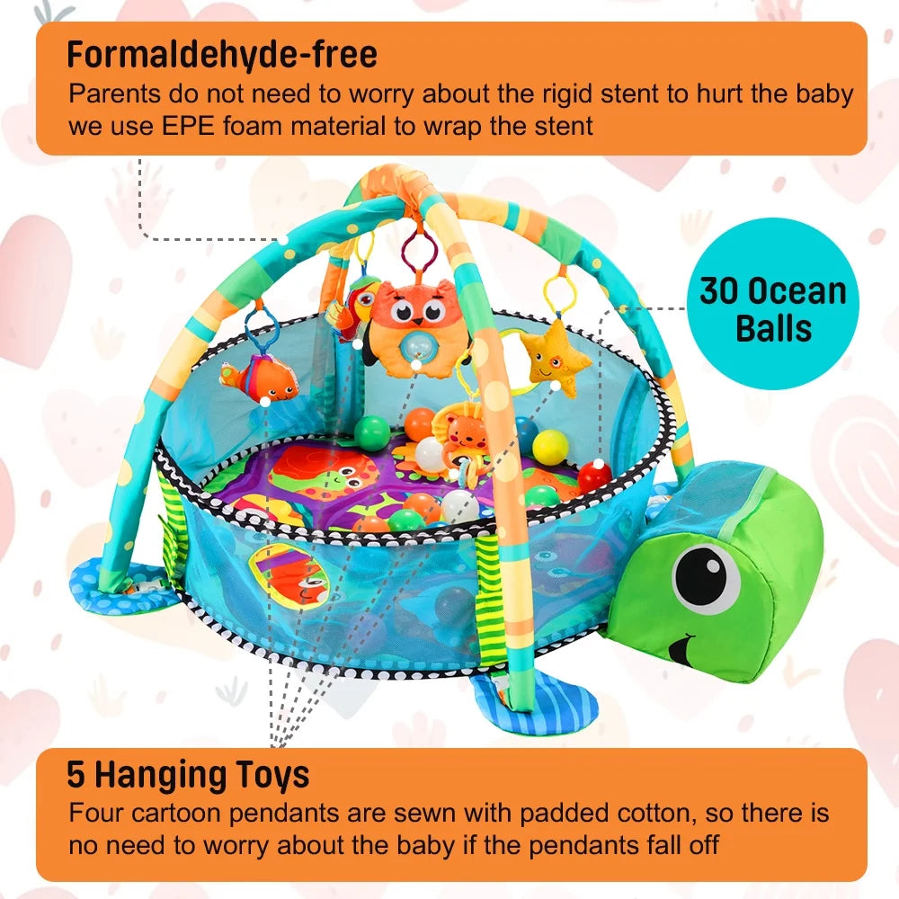 Baby Play Mat,  3 in 1 Baby Play Gym Activity Mat, with Hanging Toys and Ocean Balls, for Infants Toddlers, Blue Turtle
