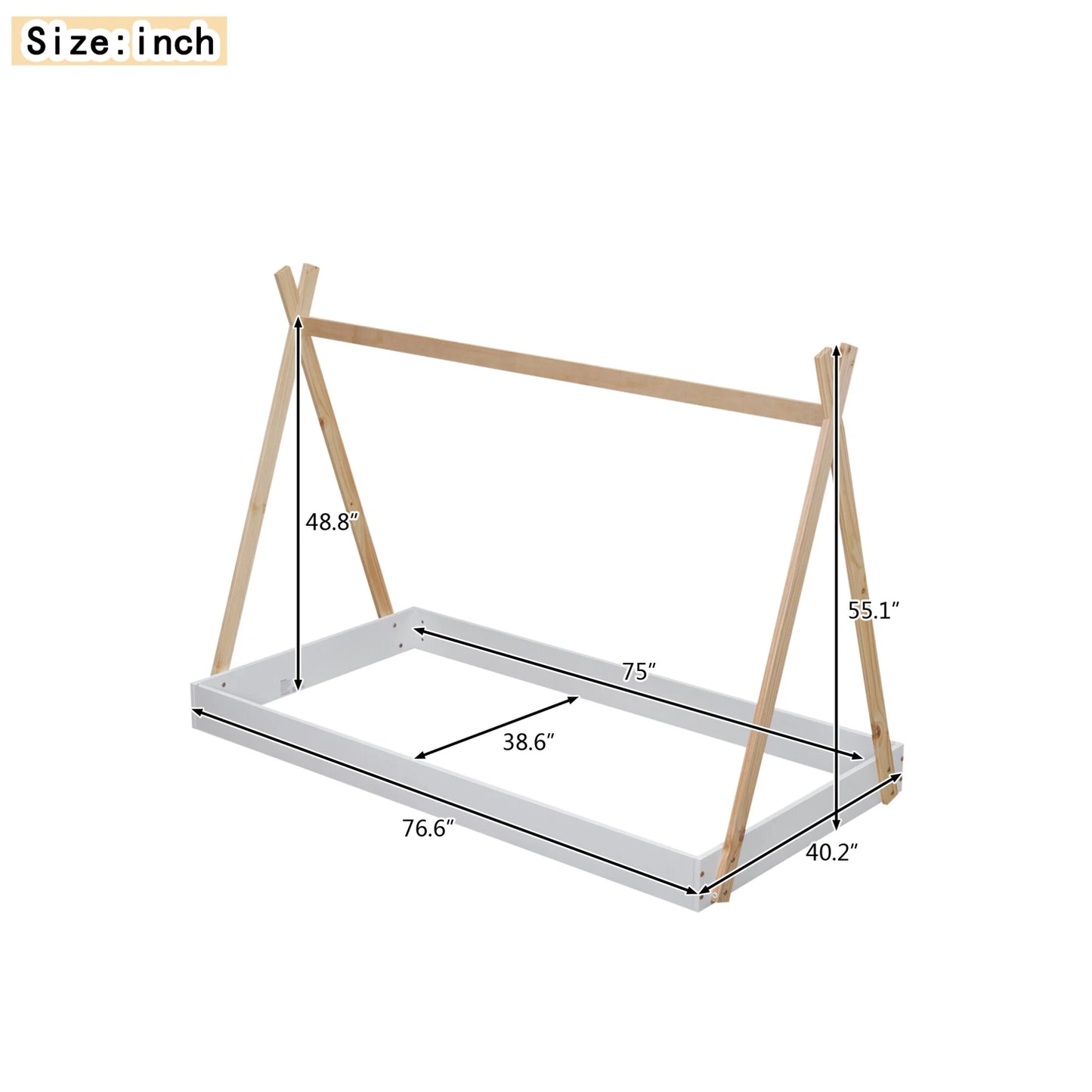 Twin Size Tent Floor Bed Frame with Triangle Structure, Teepee Platform Bed for Kids, Montessori Floor Bed for Toddlers Girls Boys, No Box Spring Needed(Twin,White+Natural)