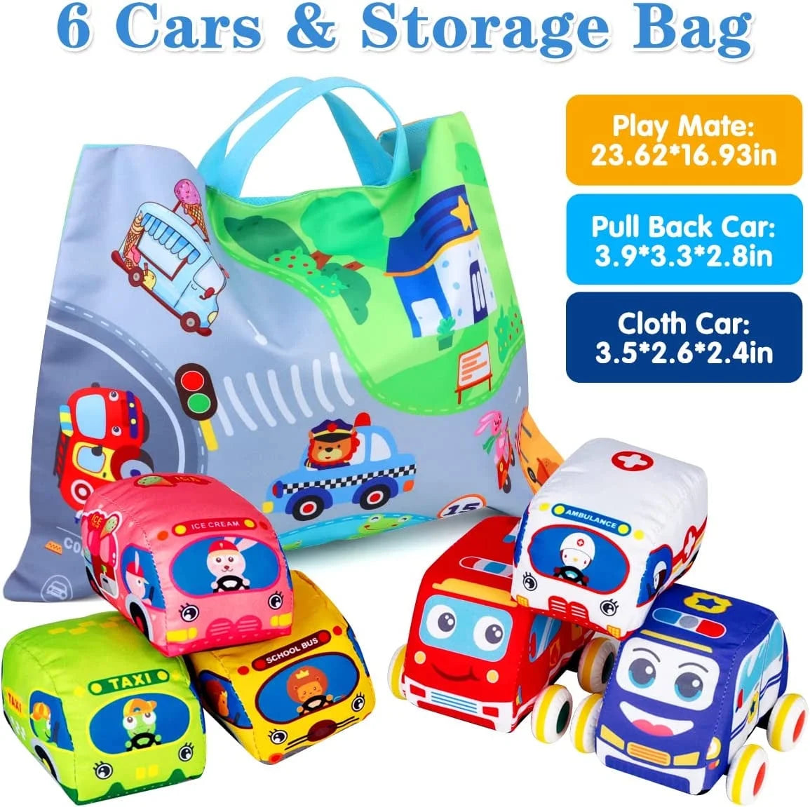 6 Pcs Soft Car Toys for 1 Year Old Boy Girl with Playmat Storage Bag - Infant Baby Toys