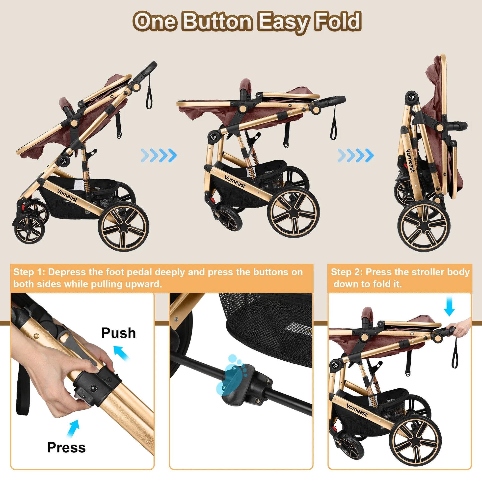 Baby Stroller, Foldable Aluminum Alloy Stroller with Reversible, Travel Stroller for Newborn Infant, Brown