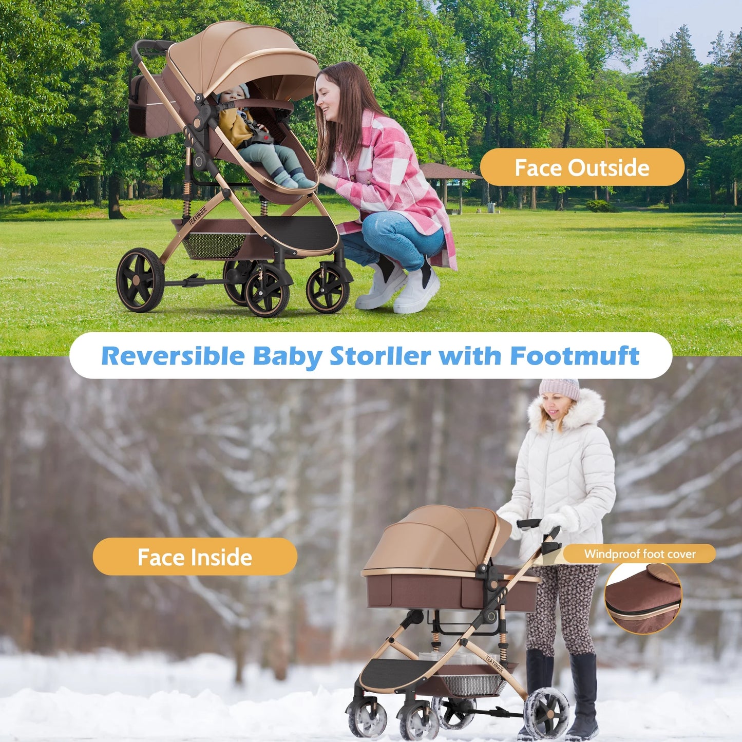 2 in 1 Baby Stroller,Foldable Lightweight Carriage Reversible Bassinet Pram for Toddler,Travel Stroller with with Cup Holder、Storage Bag,Brown