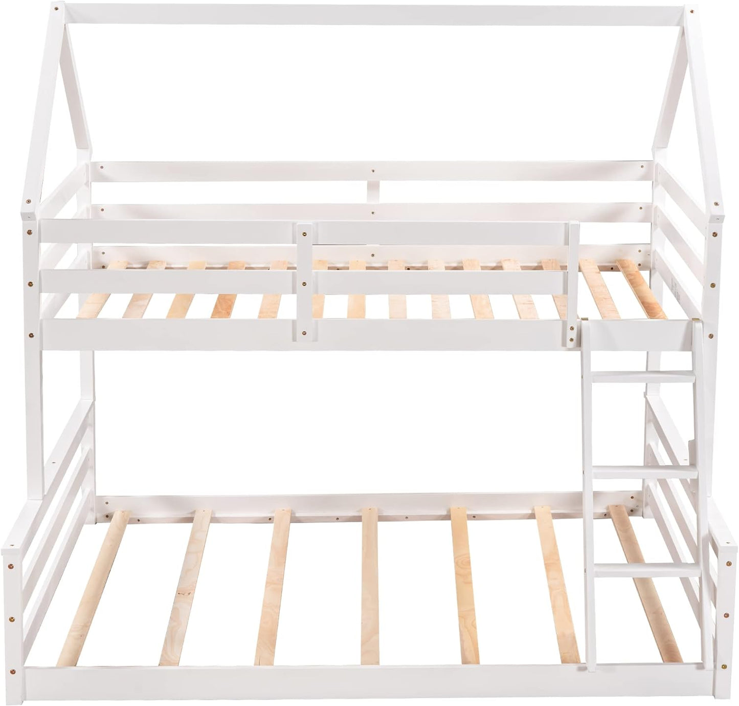 Low Twin over Full House Bunk Beds, Wood Bunk Beds with Roof and Guard Rail, House Bed Built-In Ladder for Kids, Teens, Boys, Girls (White)