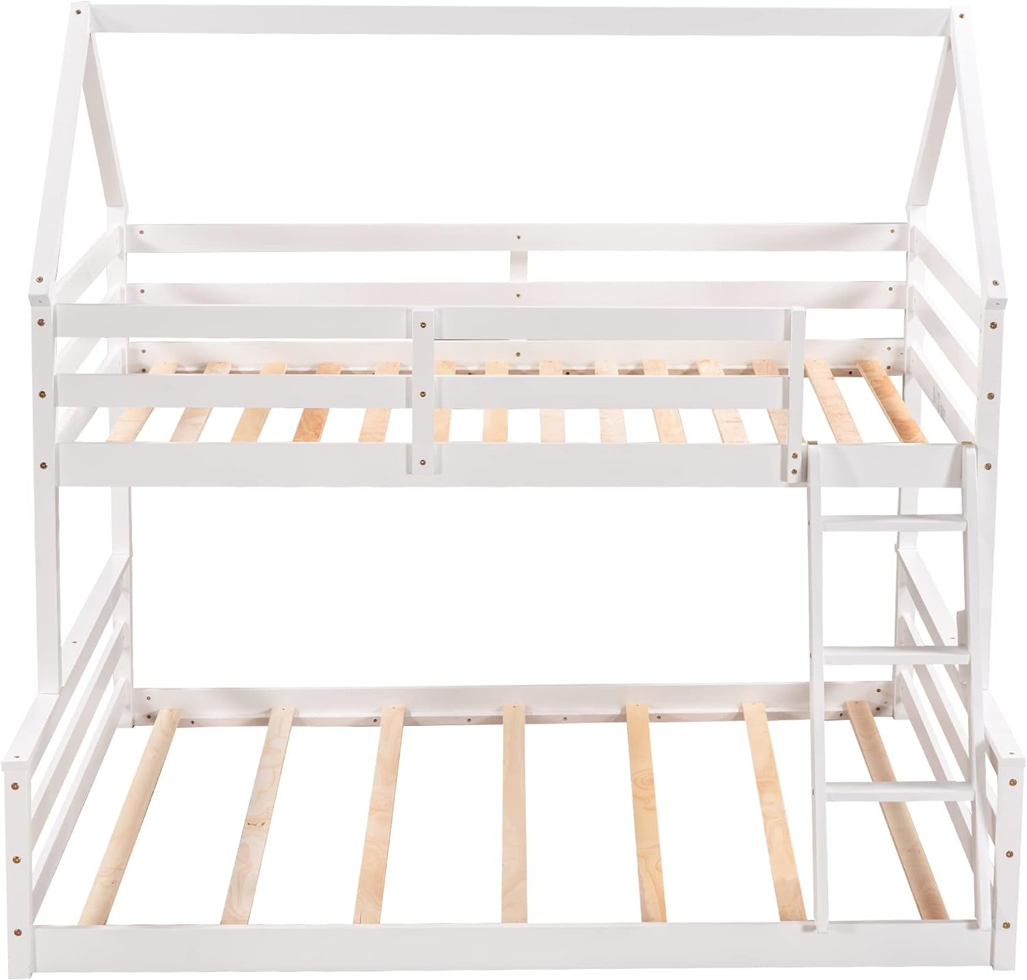 Low Twin over Full House Bunk Beds, Wood Bunk Beds with Roof and Guard Rail, House Bed Built-In Ladder for Kids, Teens, Boys, Girls (White)