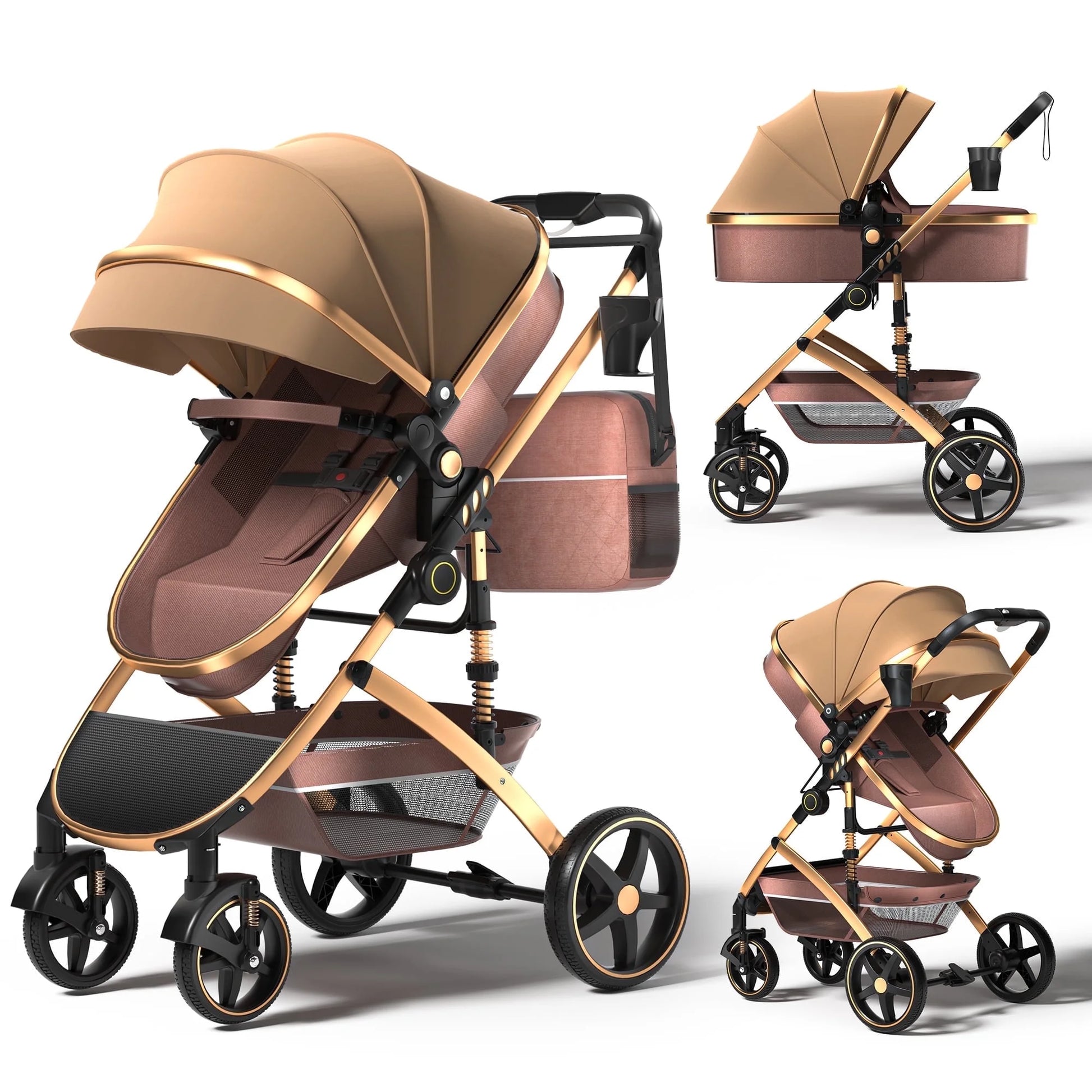 2 in 1 Baby Stroller,Foldable Lightweight Carriage Reversible Bassinet Pram for Toddler,Travel Stroller with with Cup Holder、Storage Bag,Brown