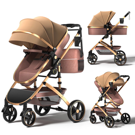 2 in 1 Baby Stroller,Foldable Lightweight Carriage Reversible Bassinet Pram for Toddler,Travel Stroller with with Cup Holder、Storage Bag,Brown