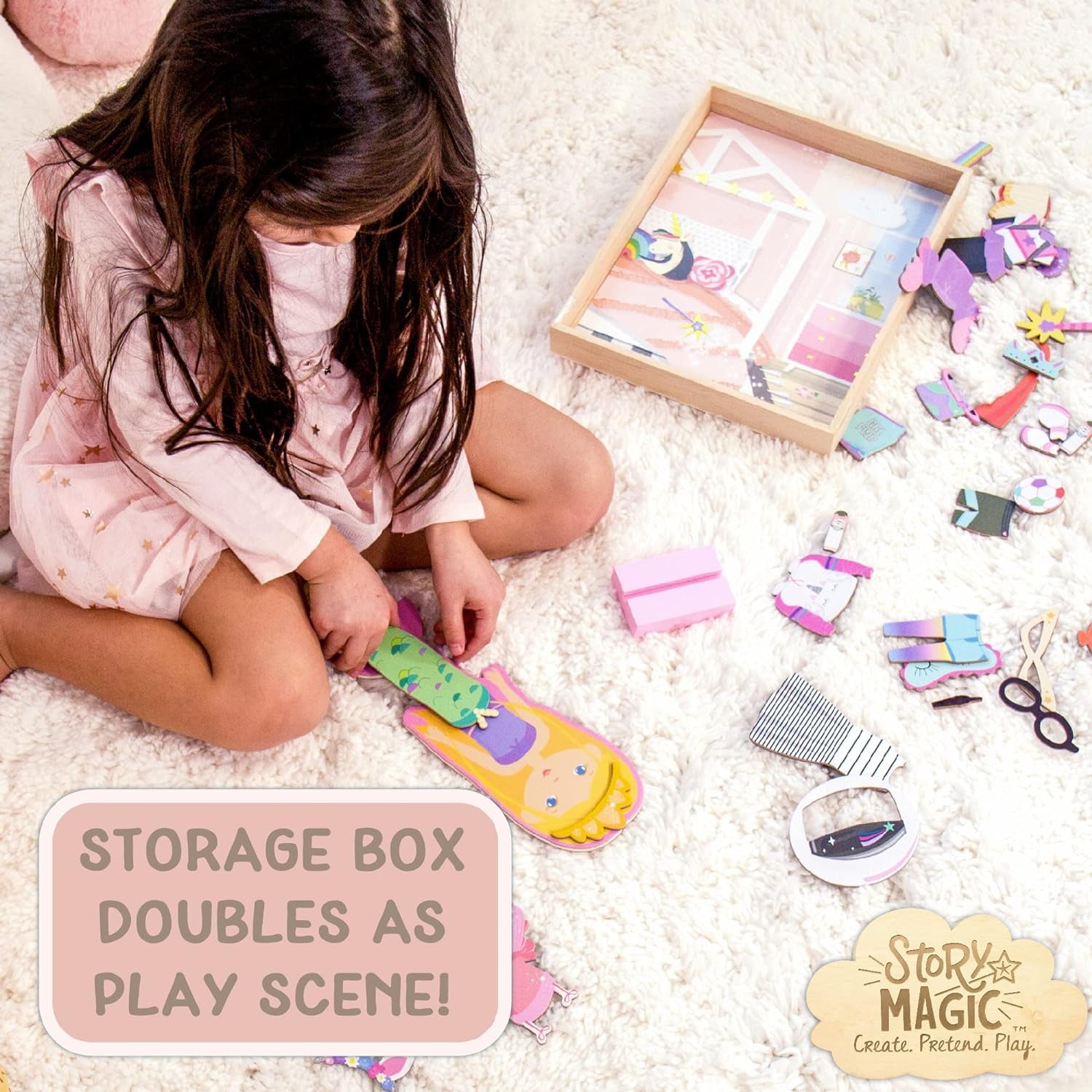 Story Magic Wooden Dress-Up Doll by , Dress up Magnetic Wood Double Sided Doll, over 40 Outfit and Accessory Pieces, Creative Pretend Play, Perfect for Ages 4+