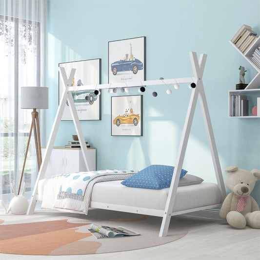 Twin Size House Bed, Metal Floor Play Bed with Slat for Kids, Tent Shape, White