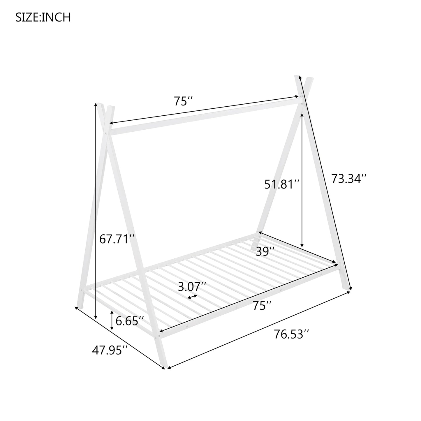 Twin Size House Bed, Metal Floor Play Bed with Slat for Kids, Tent Shape, White
