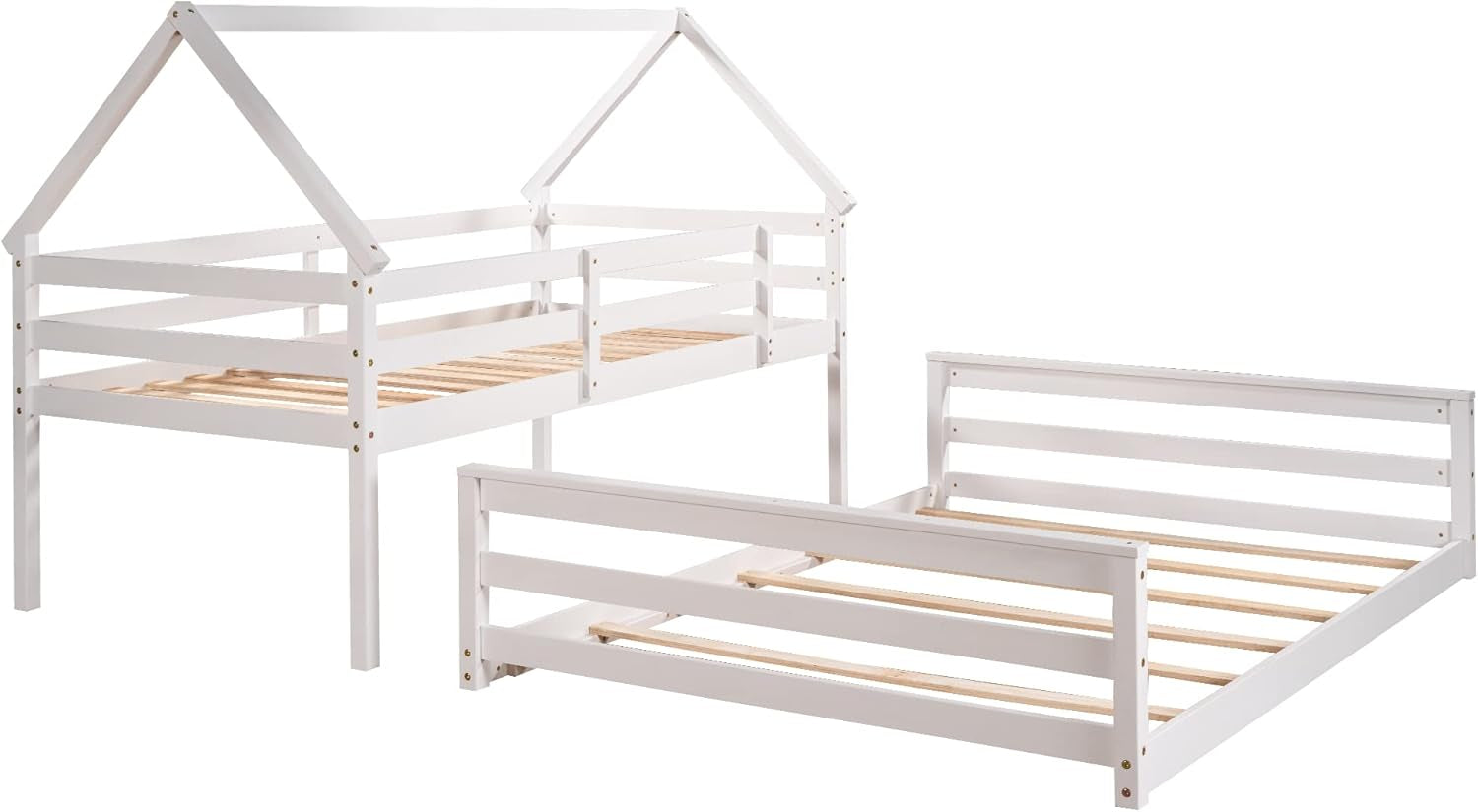 Low Twin over Full House Bunk Beds, Wood Bunk Beds with Roof and Guard Rail, House Bed Built-In Ladder for Kids, Teens, Boys, Girls (White)