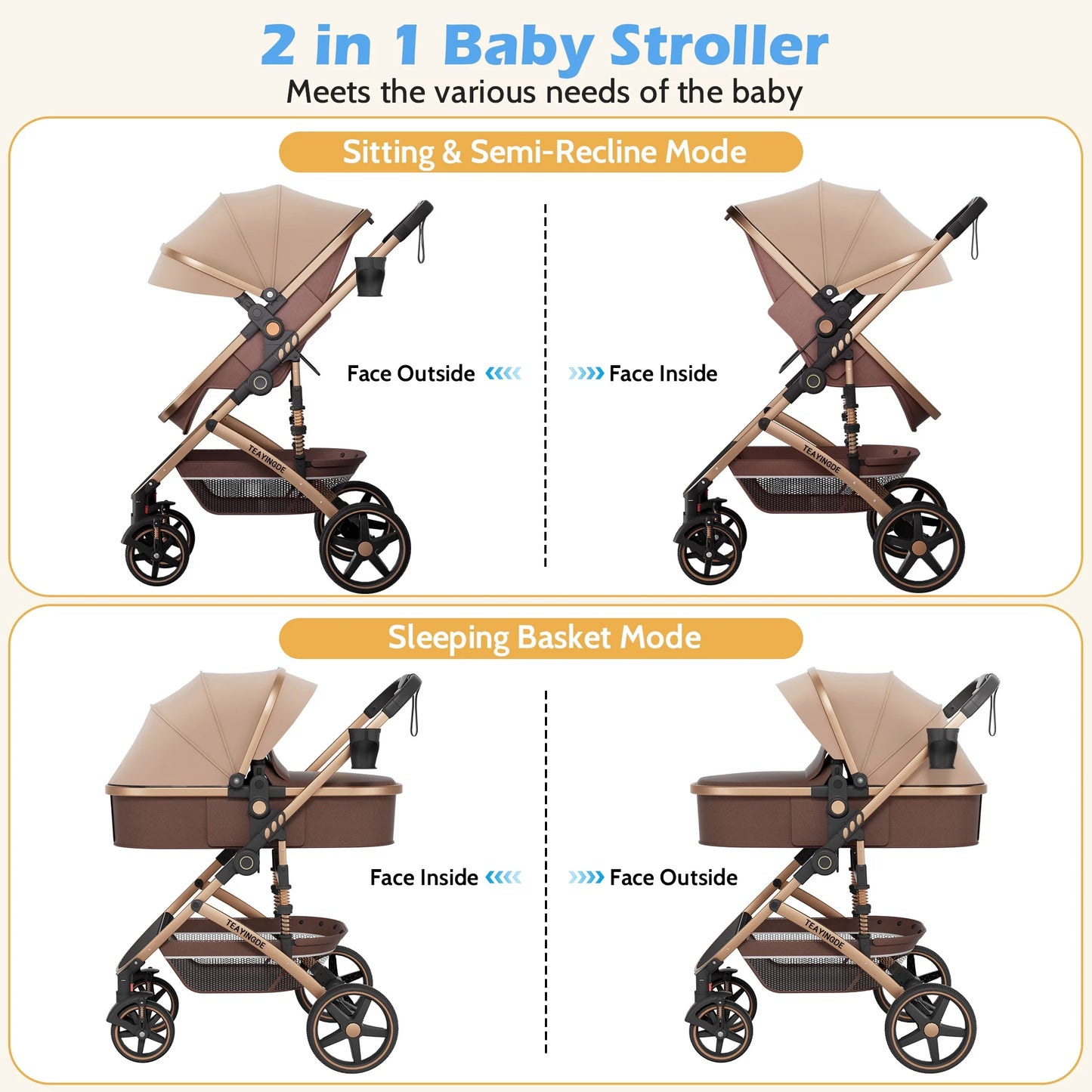 2 in 1 Baby Stroller,Foldable Lightweight Carriage Reversible Bassinet Pram for Toddler,Travel Stroller with with Cup Holder、Storage Bag,Brown