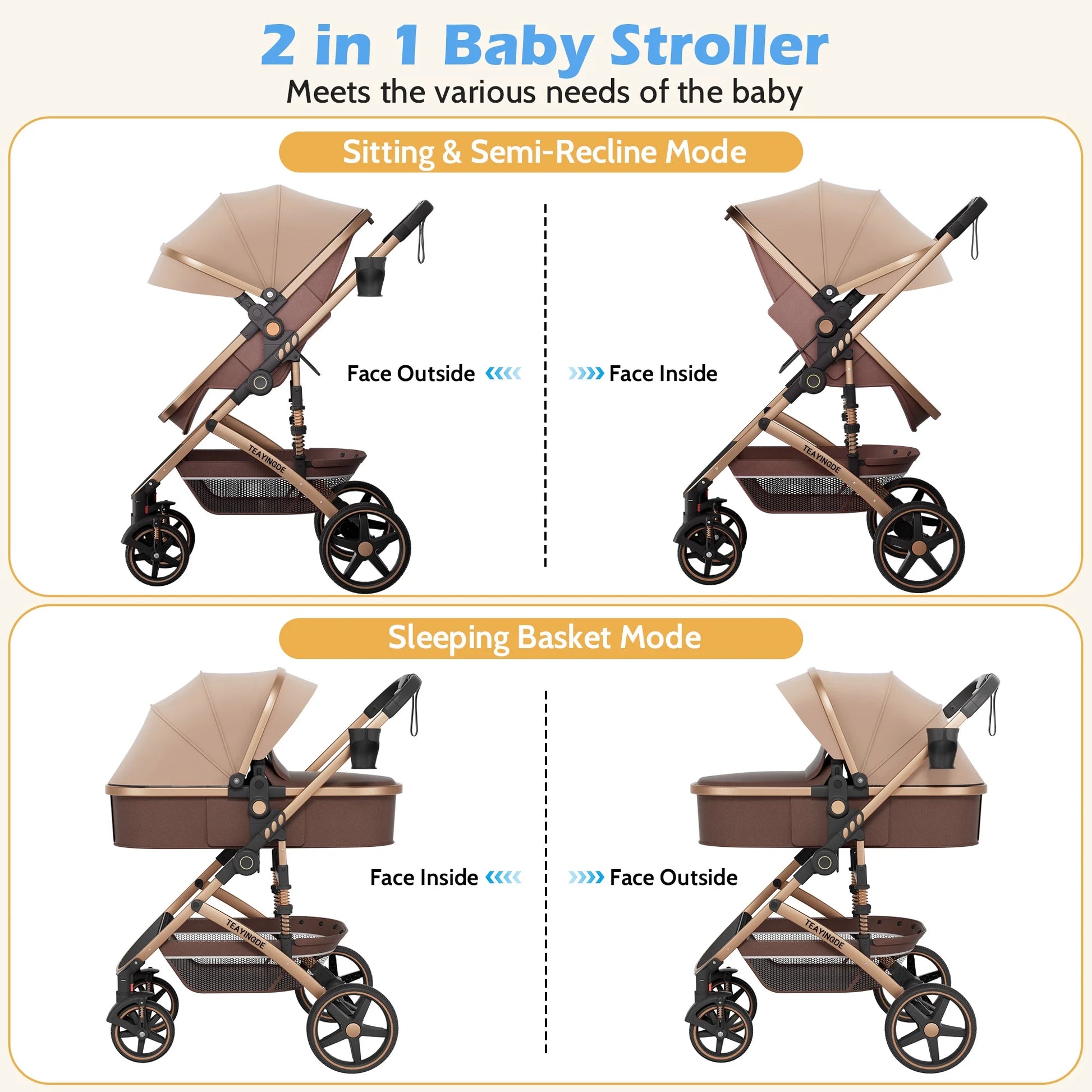 2 in 1 Baby Stroller,Foldable Lightweight Carriage Reversible Bassinet Pram for Toddler,Travel Stroller with with Cup Holder、Storage Bag,Brown