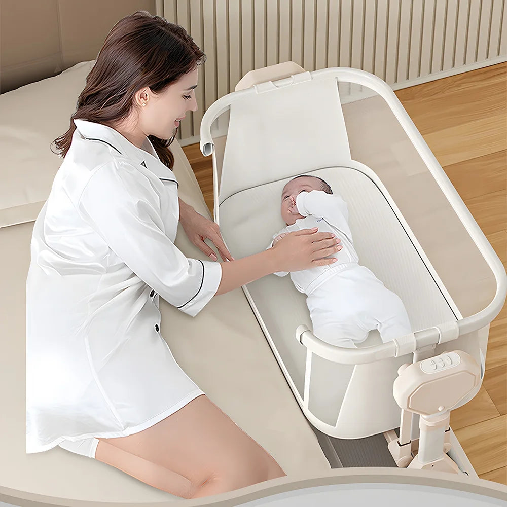 Bassinet,Electric Rocking Bassinet,Bedside Co-Sleeper,Unisex Baby Travel Bed with Wheels(Khaki)