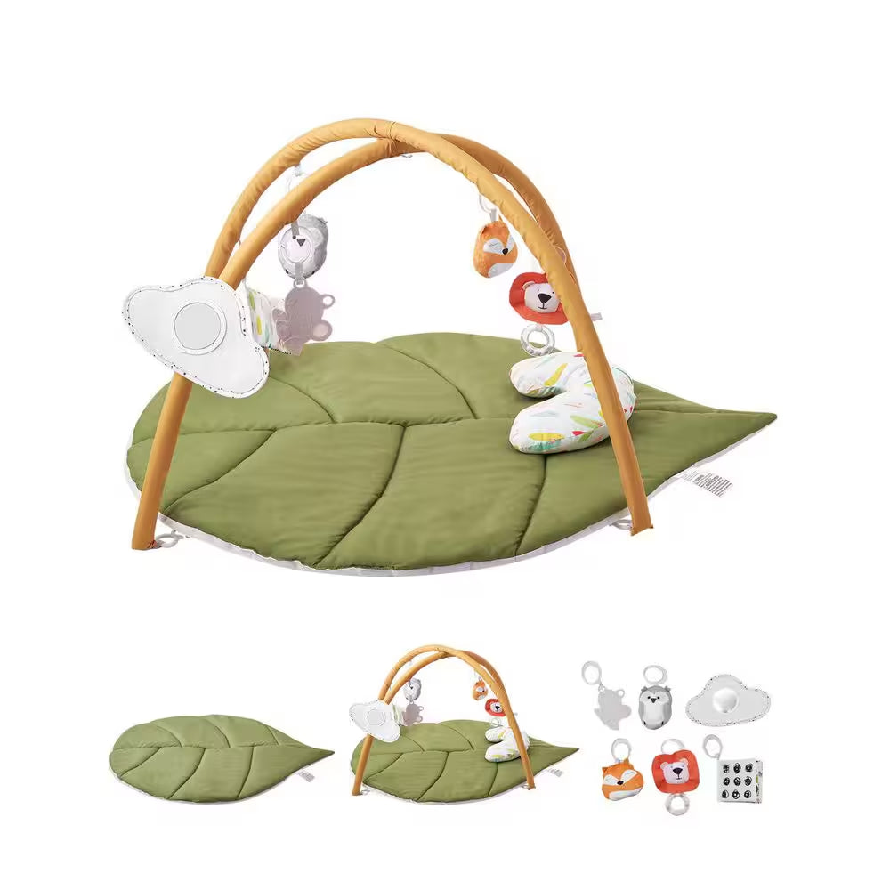 Baby Play Gym Mat 1 X 1 Ft. Indoor Baby Activity Mat with 6 Sensory Toys, Oversize Leaf-Shaped Tummy Time Mat for Infant
