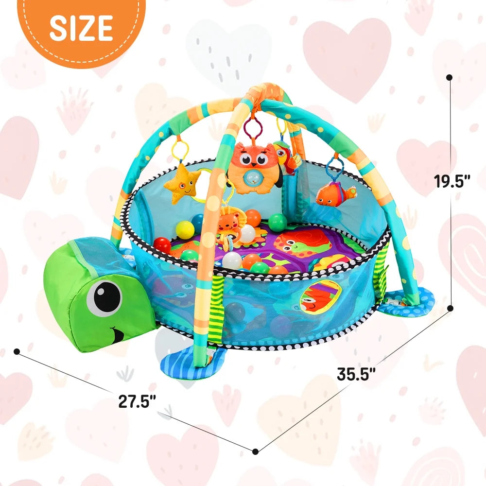 Baby Play Mat,  3 in 1 Baby Play Gym Activity Mat, with Hanging Toys and Ocean Balls, for Infants Toddlers, Blue Turtle