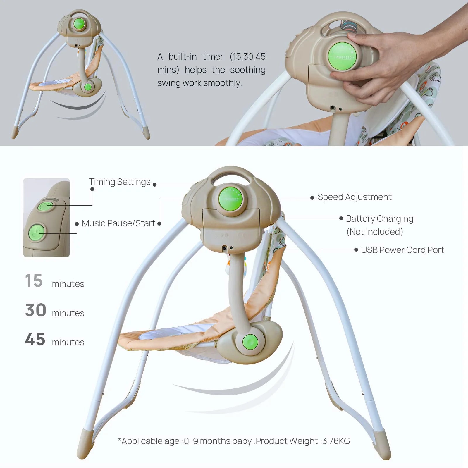 Electric Baby Swing for Infants 0-6 Months,Portable Foldable Infant Swing with 6 Speeds & Soothing Music,Baby Swing for Newborns,Khaki