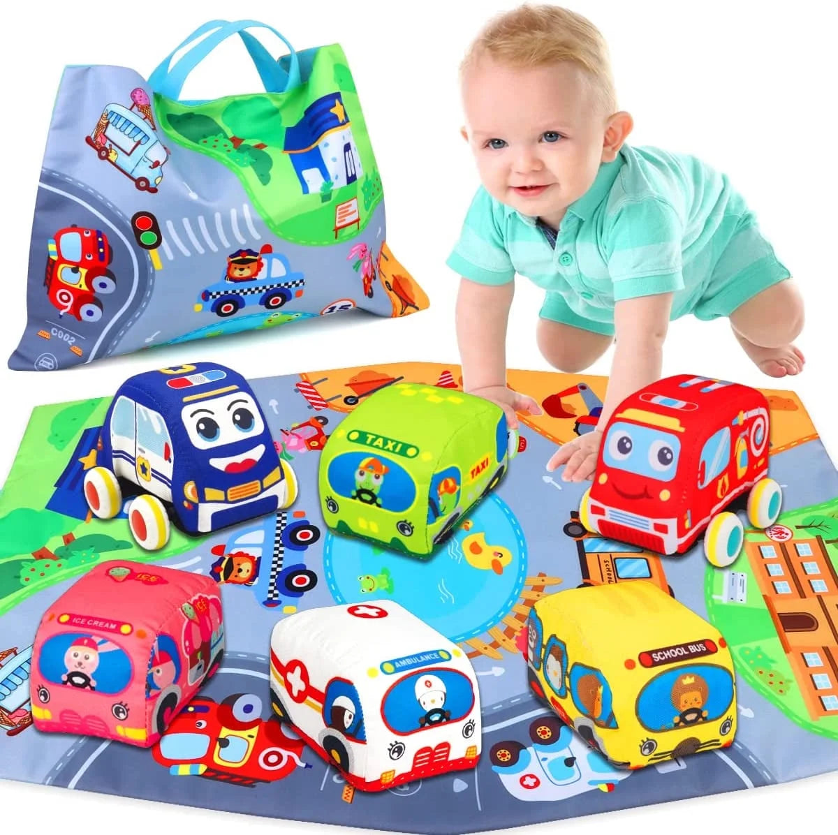 6 Pcs Soft Car Toys for 1 Year Old Boy Girl with Playmat Storage Bag - Infant Baby Toys