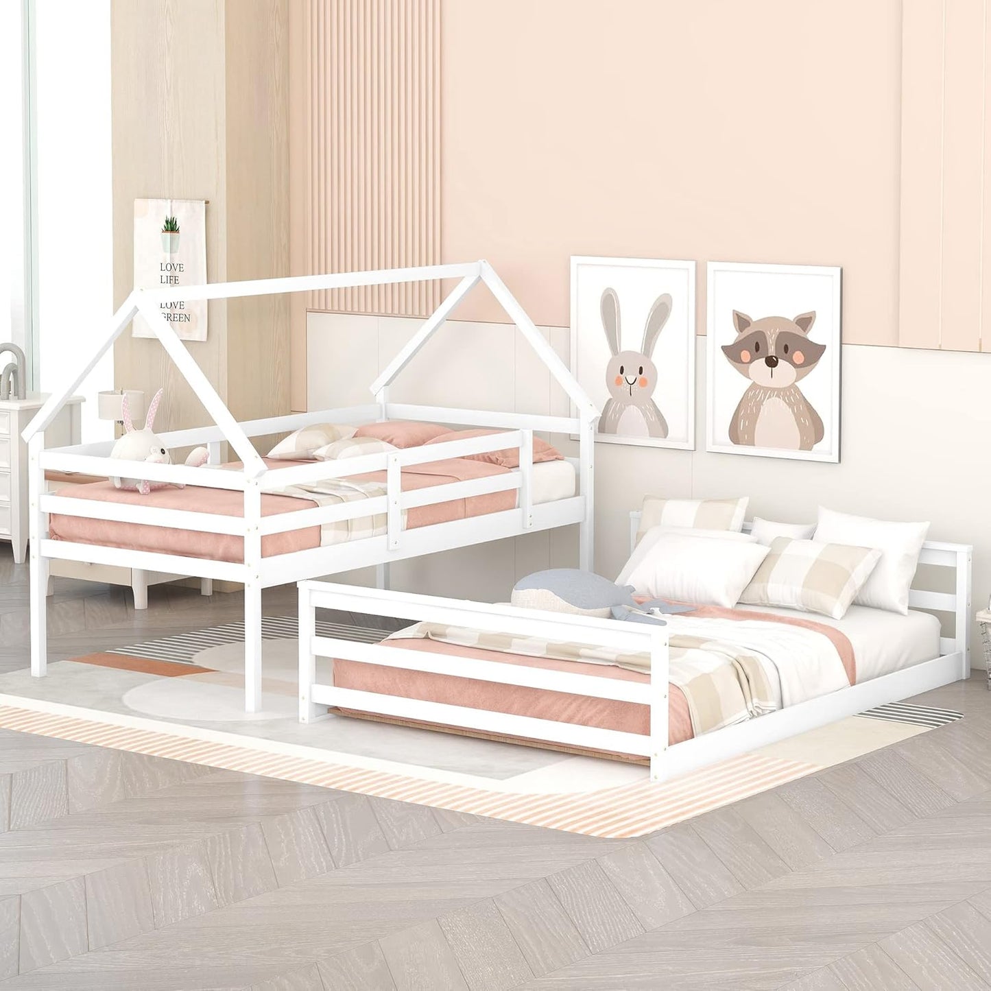 Low Twin over Full House Bunk Beds, Wood Bunk Beds with Roof and Guard Rail, House Bed Built-In Ladder for Kids, Teens, Boys, Girls (White)