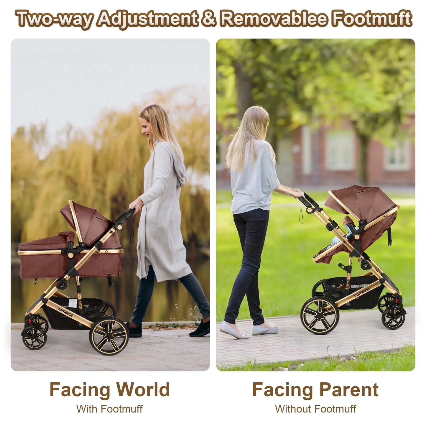 Baby Stroller, Foldable Aluminum Alloy Stroller with Reversible, Travel Stroller for Newborn Infant, Brown