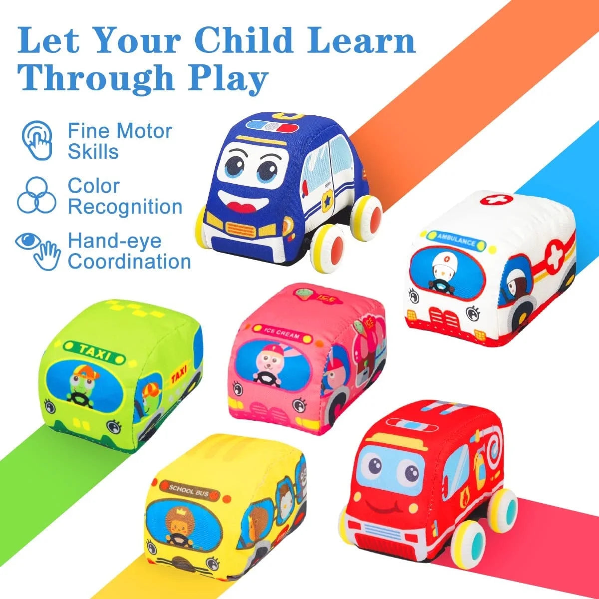 6 Pcs Soft Car Toys for 1 Year Old Boy Girl with Playmat Storage Bag - Infant Baby Toys