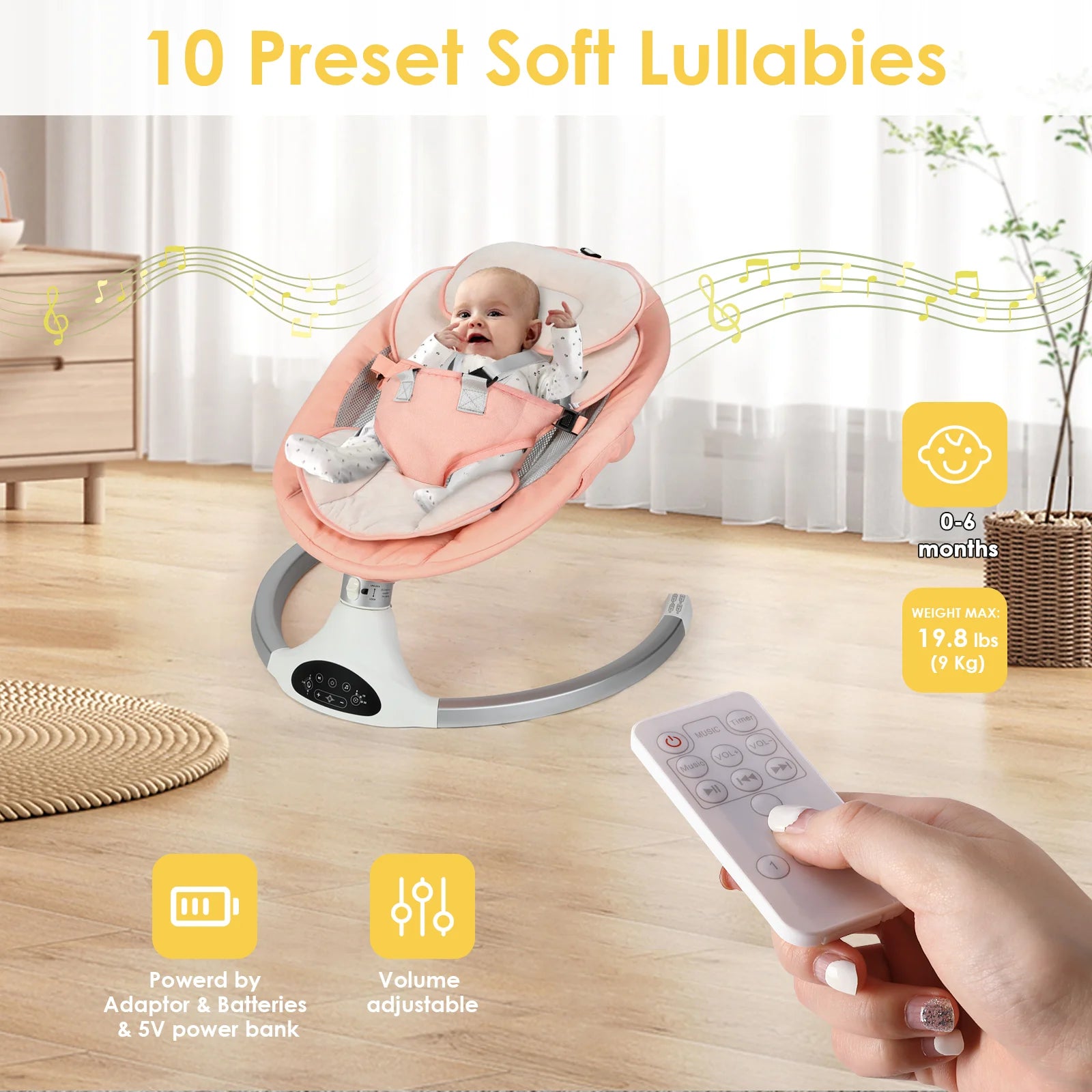 Baby Swing for Infants - Electric Infant Swing with 3 Swing Speeds and 10 Lullabies, Portable Indoor Baby Rocker, Touch Screen Control and Remote Control, Bluetooth, Pink