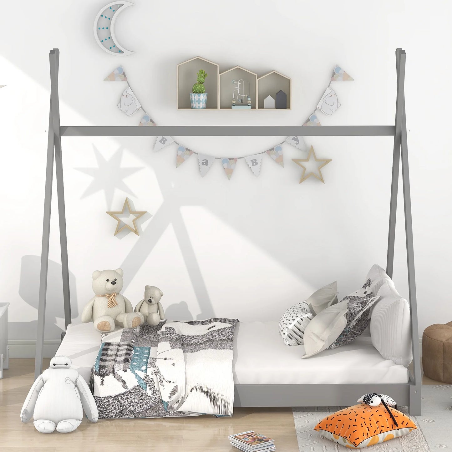 Wood Twin Size Platform Bed for Kids Teens, Canopy Tent Bed for Living Room, Gray