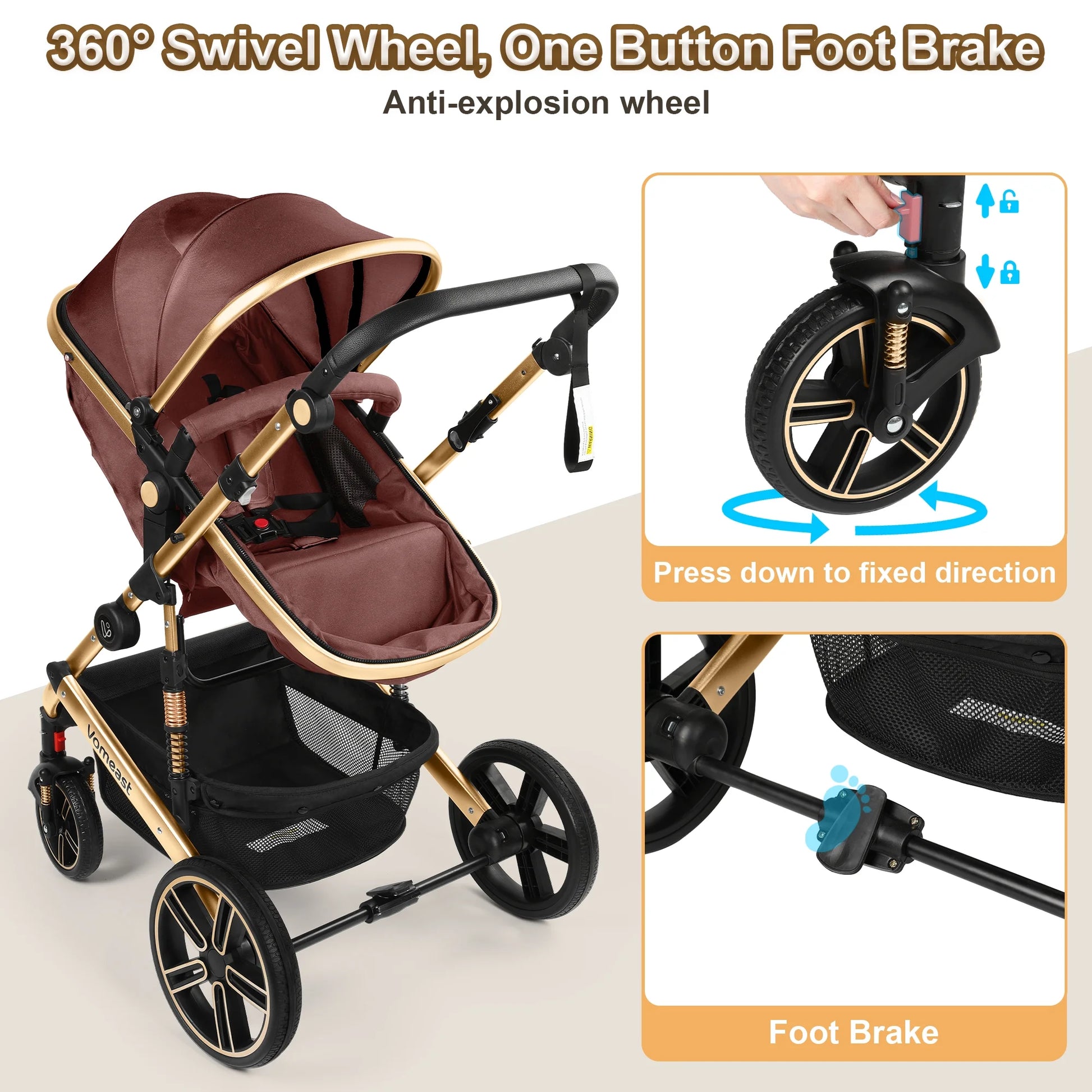 Baby Stroller, Foldable Aluminum Alloy Stroller with Reversible, Travel Stroller for Newborn Infant, Brown