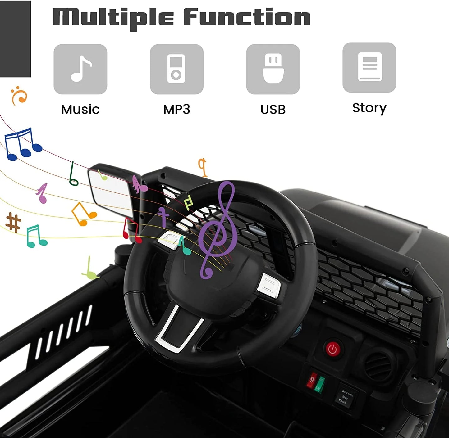 Kids Ride on Truck, 12V Electric Vehicle Jeep Car with Remote Control, Toddlers Battery Powered Toy with 2 Speeds, Spring Suspension, Double Open Doors, LED Lights, Music, USB, Mp3 (Black)