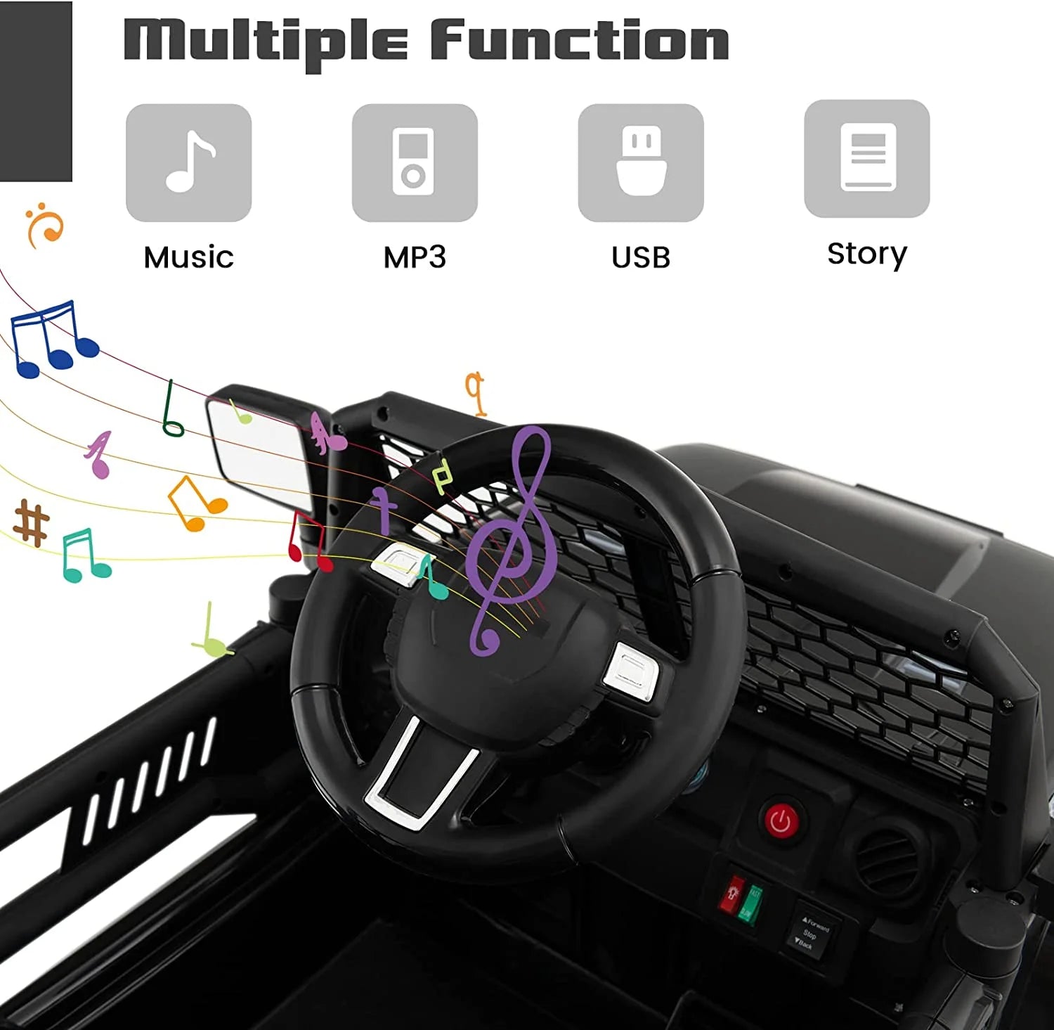 Kids Ride on Truck, 12V Electric Vehicle Jeep Car with Remote Control, Toddlers Battery Powered Toy with 2 Speeds, Spring Suspension, Double Open Doors, LED Lights, Music, USB, Mp3 (Black)