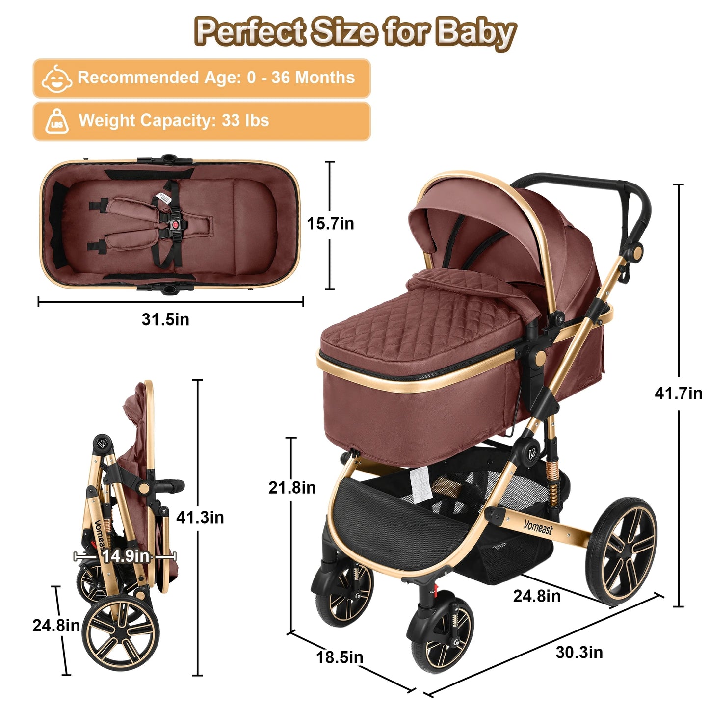 Baby Stroller, Foldable Aluminum Alloy Stroller with Reversible, Travel Stroller for Newborn Infant, Brown
