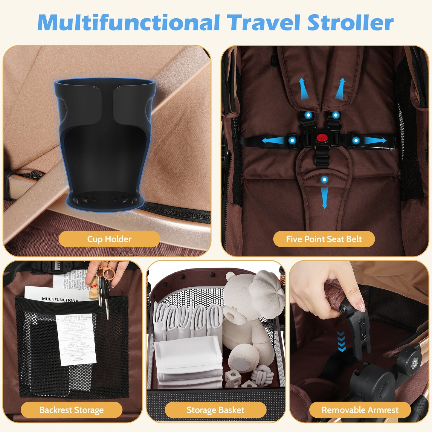 2 in 1 Baby Stroller,Foldable Lightweight Carriage Reversible Bassinet Pram for Toddler,Travel Stroller with with Cup Holder、Storage Bag,Brown