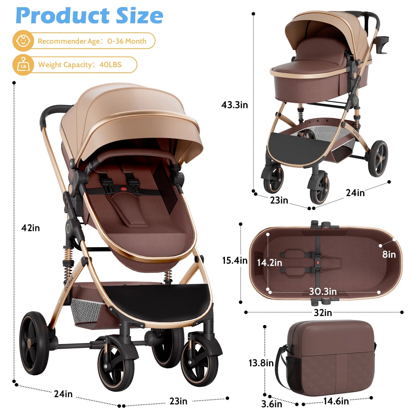 2 in 1 Baby Stroller,Foldable Lightweight Carriage Reversible Bassinet Pram for Toddler,Travel Stroller with with Cup Holder、Storage Bag,Brown