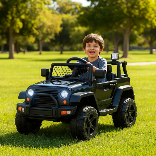 Kids Ride on Truck, 12V Electric Vehicle Jeep Car with Remote Control, Toddlers Battery Powered Toy with 2 Speeds, Spring Suspension, Double Open Doors, LED Lights, Music, USB, Mp3 (Black)